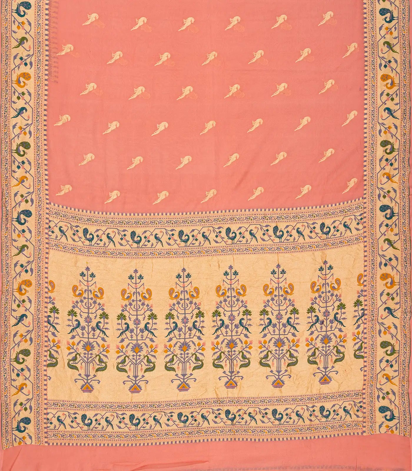 Light Peach Handwoven Banarasi Khaddi Georgette Silk Saree With Peacock Motifs