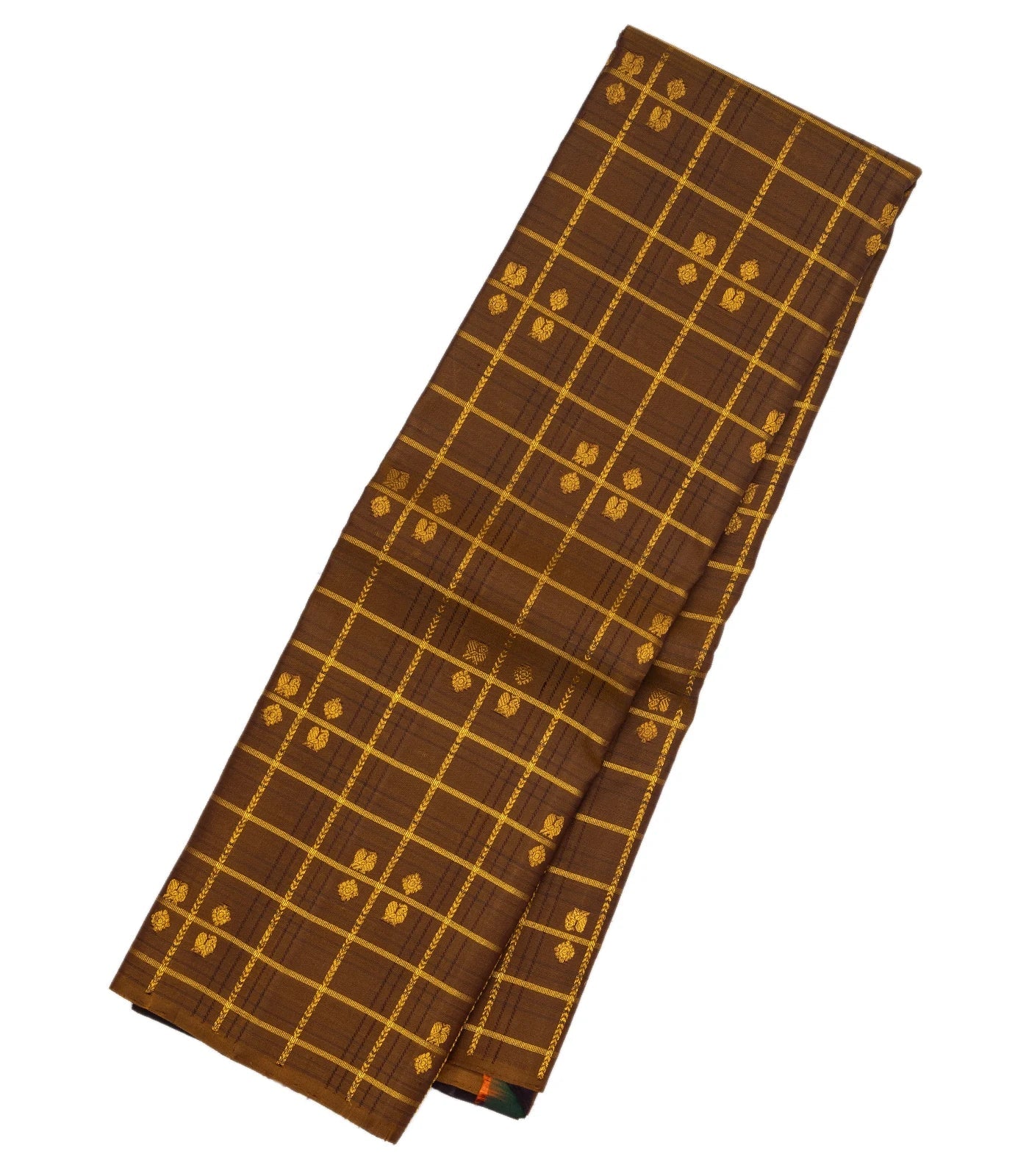 Dark Olive Handloom Kanchipuram Silk Saree With Checks & Buttas