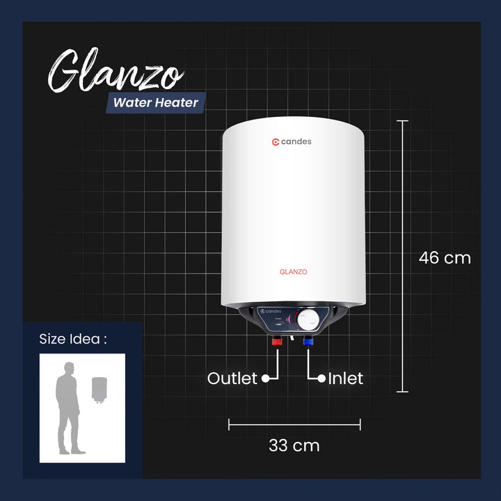 Candes 10 Litre Glanzo 5 Star Rated GlassLine Automatic Storage Electric Water Heater - 8 Bar Pressure with Installation Kit, Metal Body White