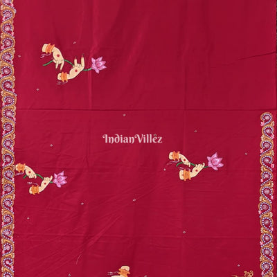 Reddish Maroon Arjuna Bows to Navagunjara Hand-Painted Pattachitra Saree