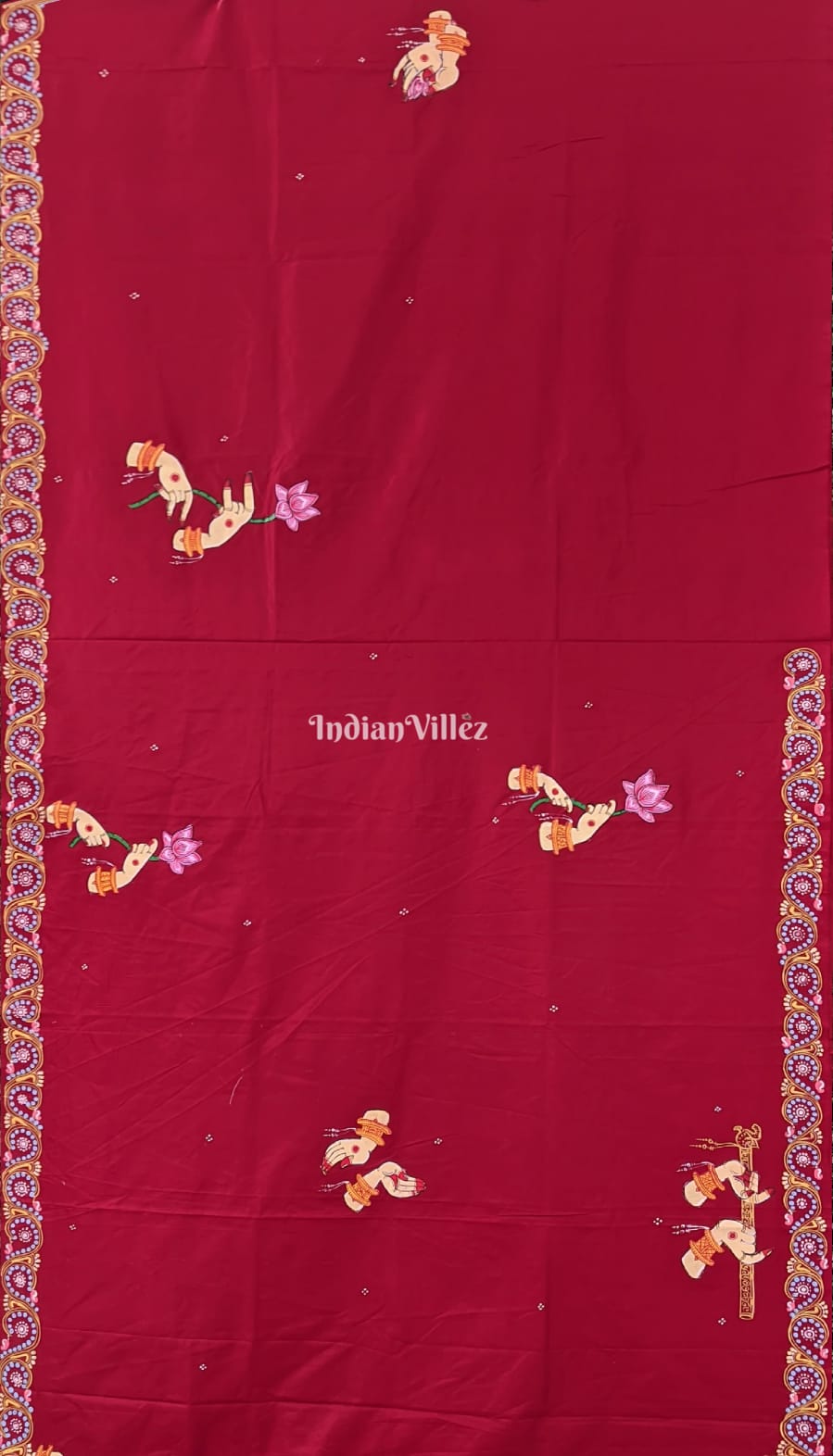 Reddish Maroon Arjuna Bows to Navagunjara Hand-Painted Pattachitra Saree