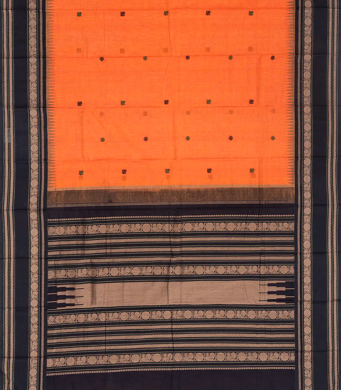 Orange Handloom Korvai Kanchi Cotton Saree With Annam Buttas