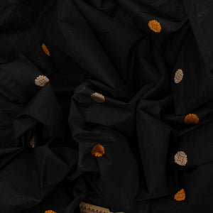 Black Handloom Kanchi Cotton Saree With Floral Buttas & Taupe Border