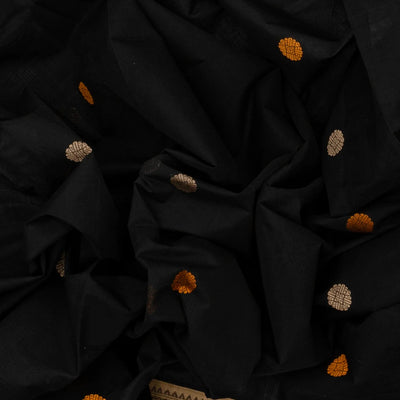 Black Handloom Kanchi Cotton Saree With Floral Buttas & Taupe Border