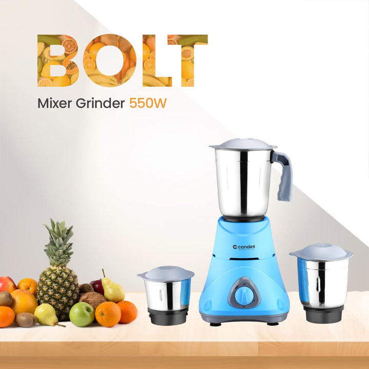 Candes Bolt 550-Watt Mixer Grinder with 3 Jars, Powerful Motor and 2 Year Warranty on Motor, (Blue Grey)