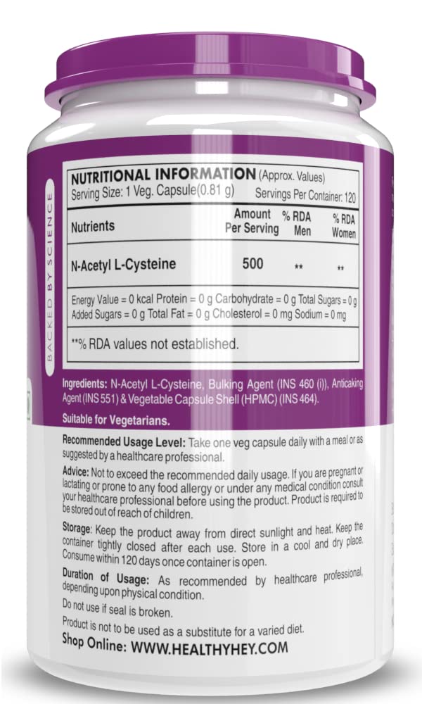 Healthyhey Nutrition N-Acetyl L-Cysteine (NAC) - Non-GMO - Gluten Free -Pack of 120 Veg. Capsules