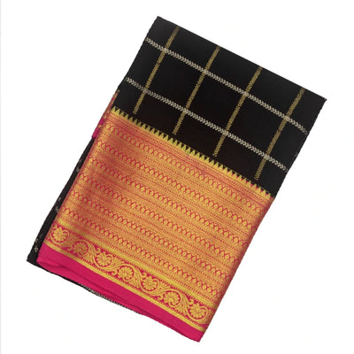 Black Mysore Crepe Silk Saree With Zari Checks & Contrast Border