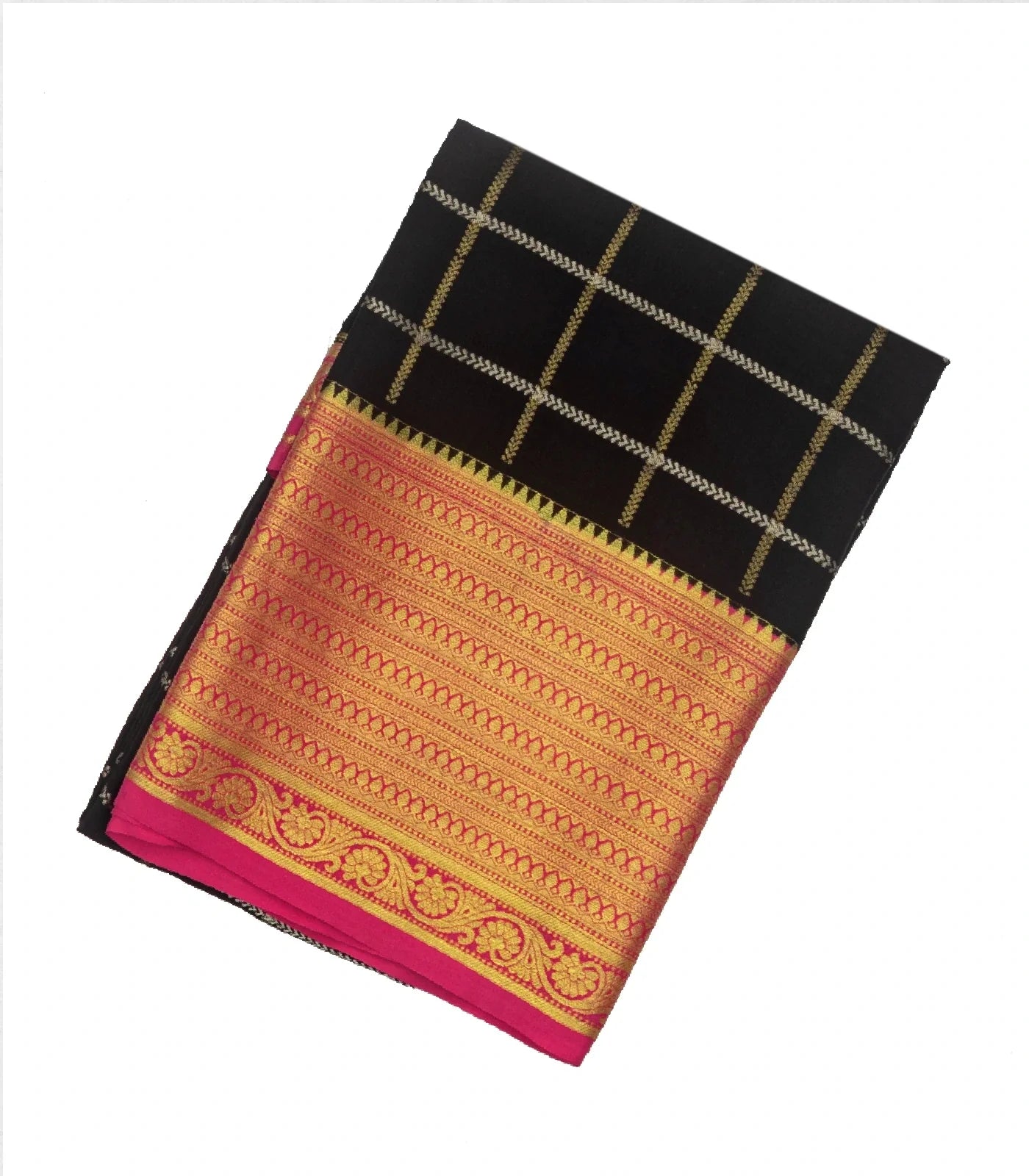 Black Mysore Crepe Silk Saree With Zari Checks & Contrast Border