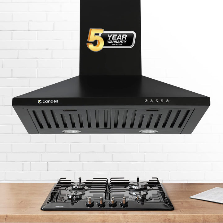 Candes Spire Kitchen Chimney 60 Cms with Powerful 800 m3/h Suction| Stainless Steel Baffle Filter | Anti-Fingerprint Black Wall Mount Range Hood | 3 Level Push Control |Plastic Blower | 2 Level Led Lighting | Warranty 1 Year on Product & 5 Years On Motor