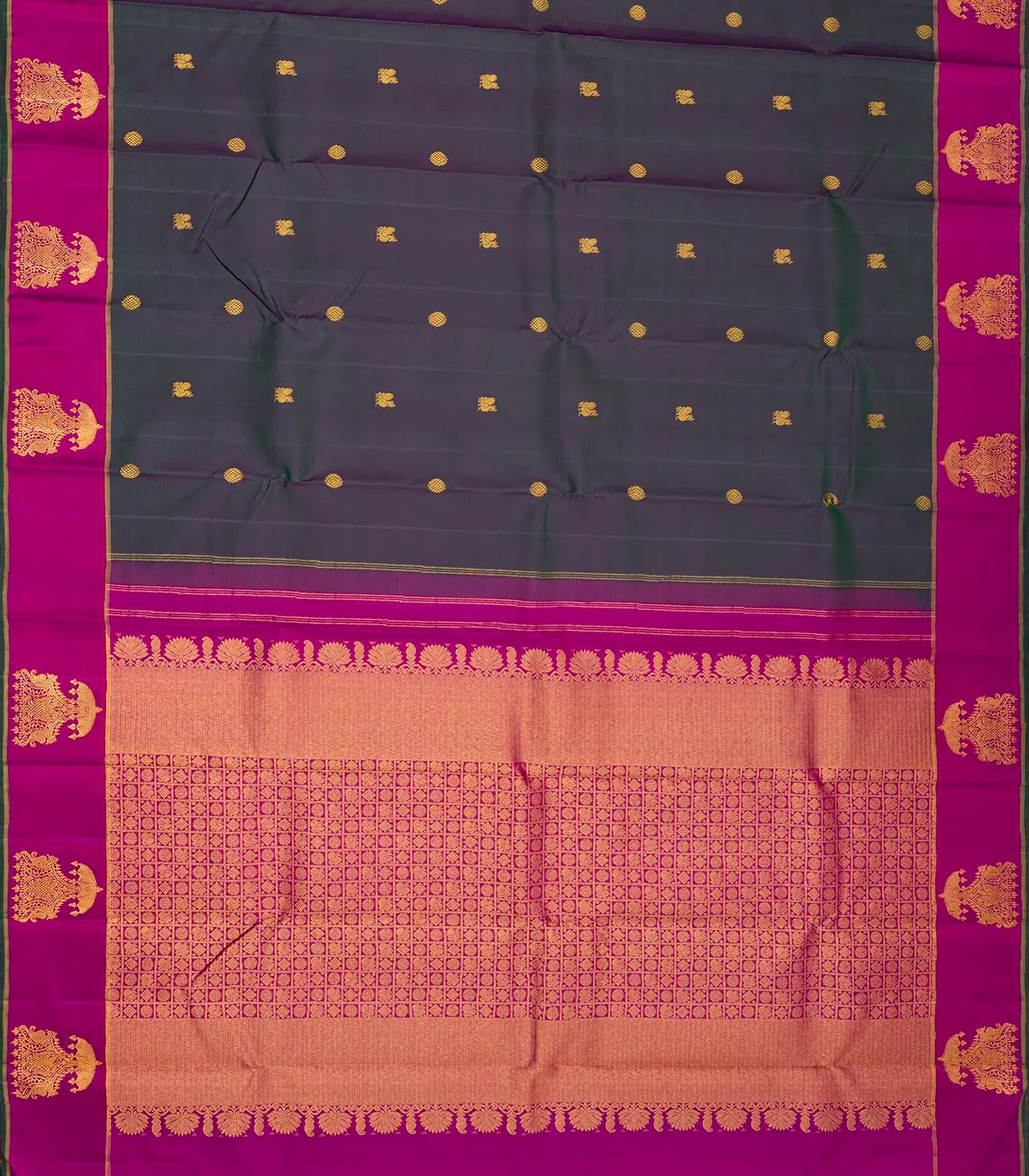 Dark Grey Handloom Kanchipuram Silk Saree With Annam Buttas