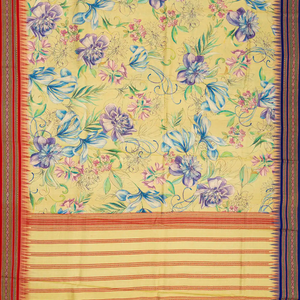 Sandal Handloom Tussar Silk Saree Printed With Floral Motifs & Ganga Jamuna Border