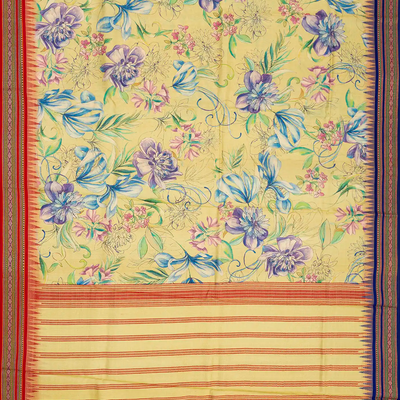 Sandal Handloom Tussar Silk Saree Printed With Floral Motifs & Ganga Jamuna Border