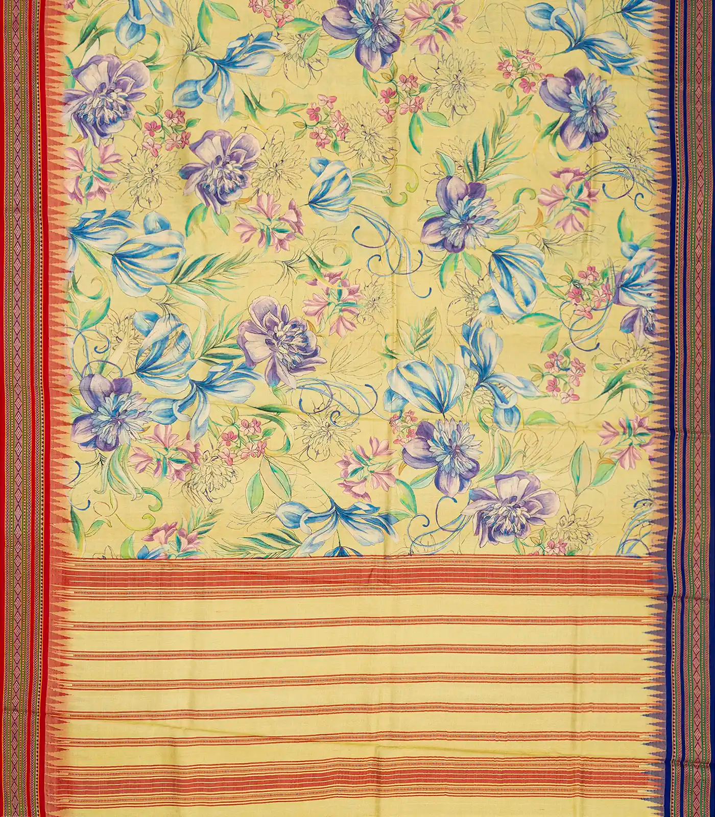 Sandal Handloom Tussar Silk Saree Printed With Floral Motifs & Ganga Jamuna Border