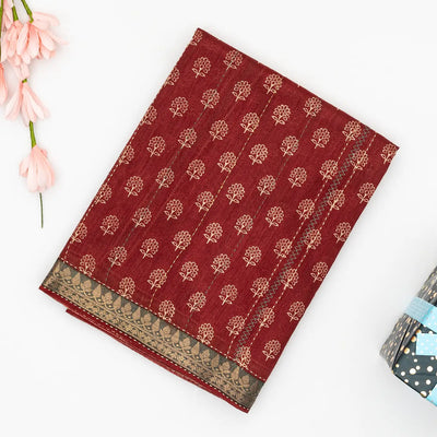 Crimson Handloom Tussar Silk Saree Printed With Floral Motifs