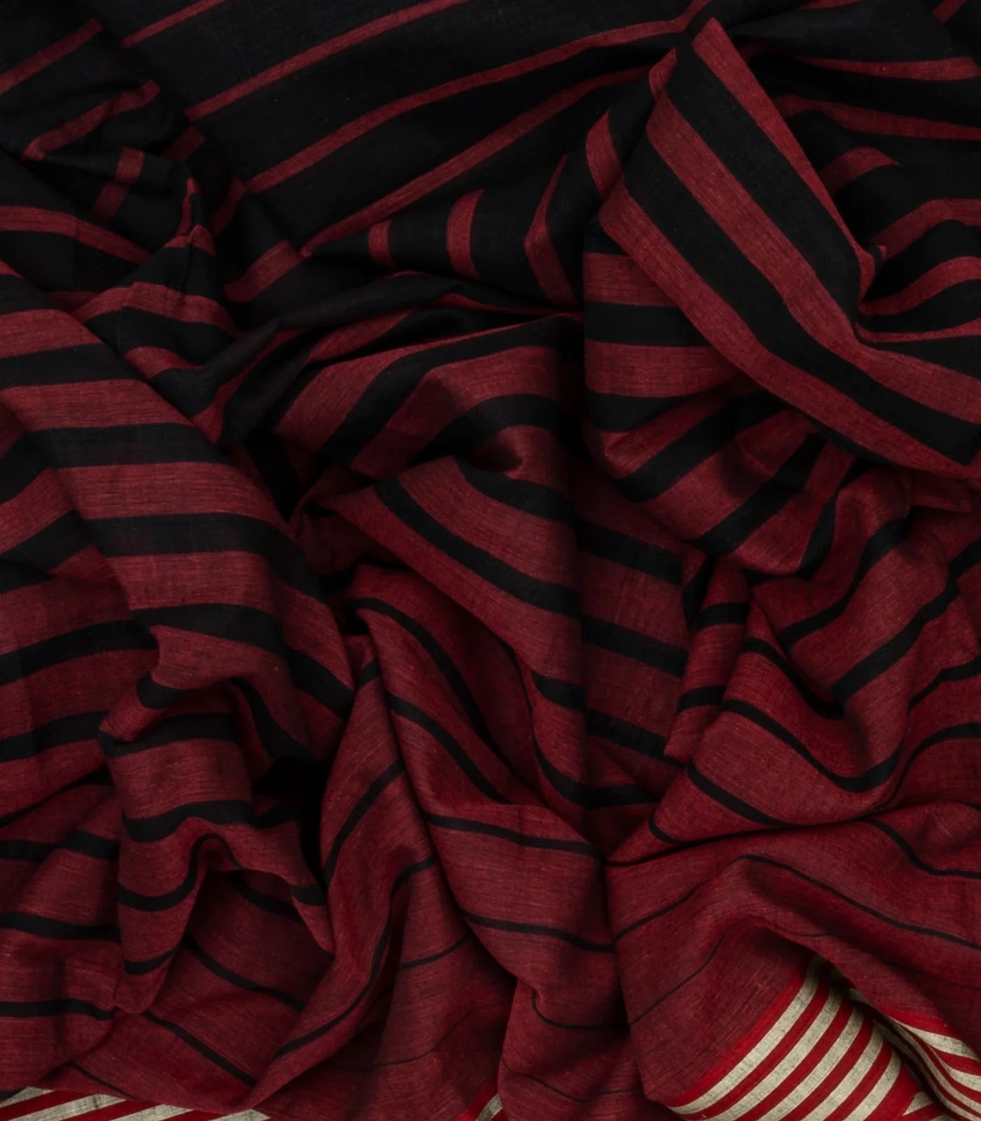 Maroon Handloom Bengal Cotton Saree With Red and Black Gradient stripes