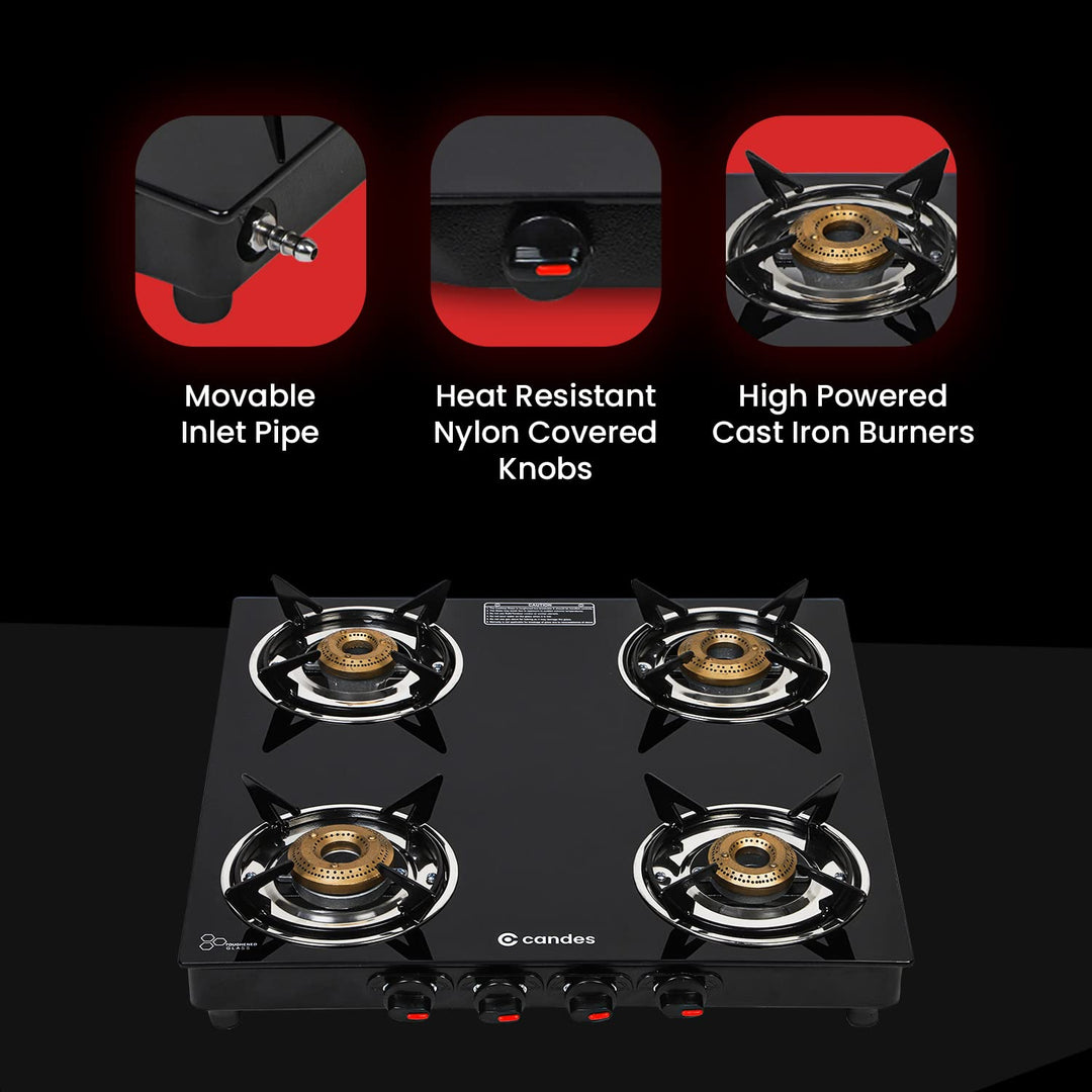 Flame Glass Top Gas Stove 4 Burner, Manual Ignition, Black