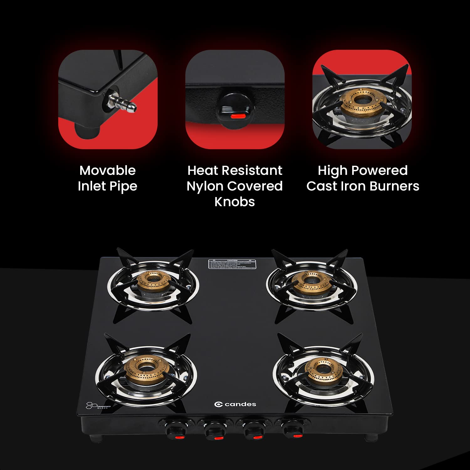 Flame Glass Top Gas Stove 4 Burner, Manual Ignition, Black