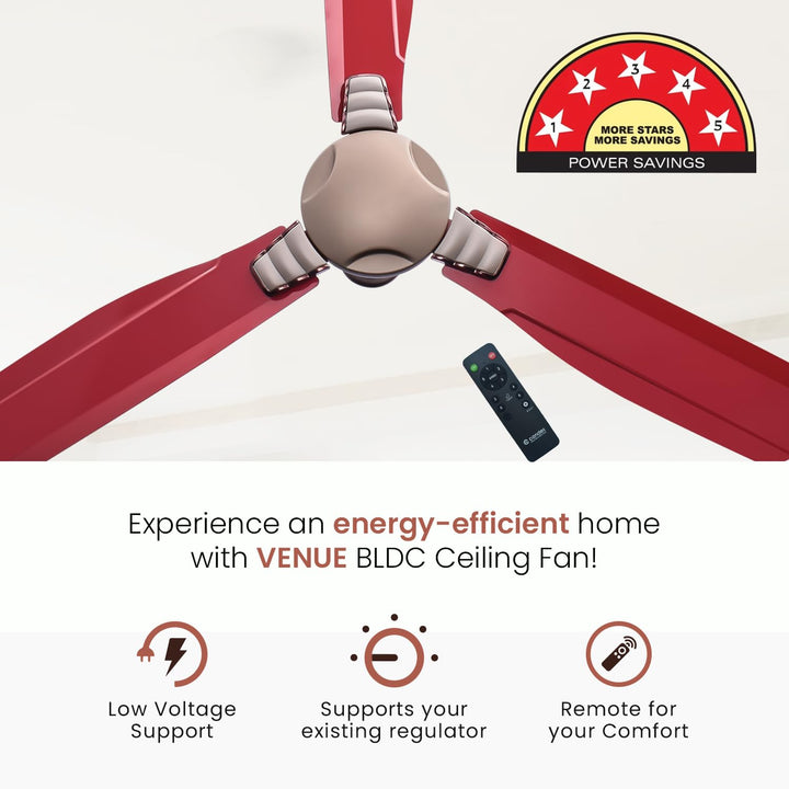 Candes Venue BLDC 1200mm High Speed Decorative Remote Ceiling Fans for Home | BEE 5 Star Rated Anti-Dust | 2 Years Warranty (Golden Red) Pack of 1