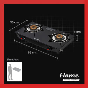 Flame Glass Top Gas Stove 2 Burner, Manual Ignition, Black