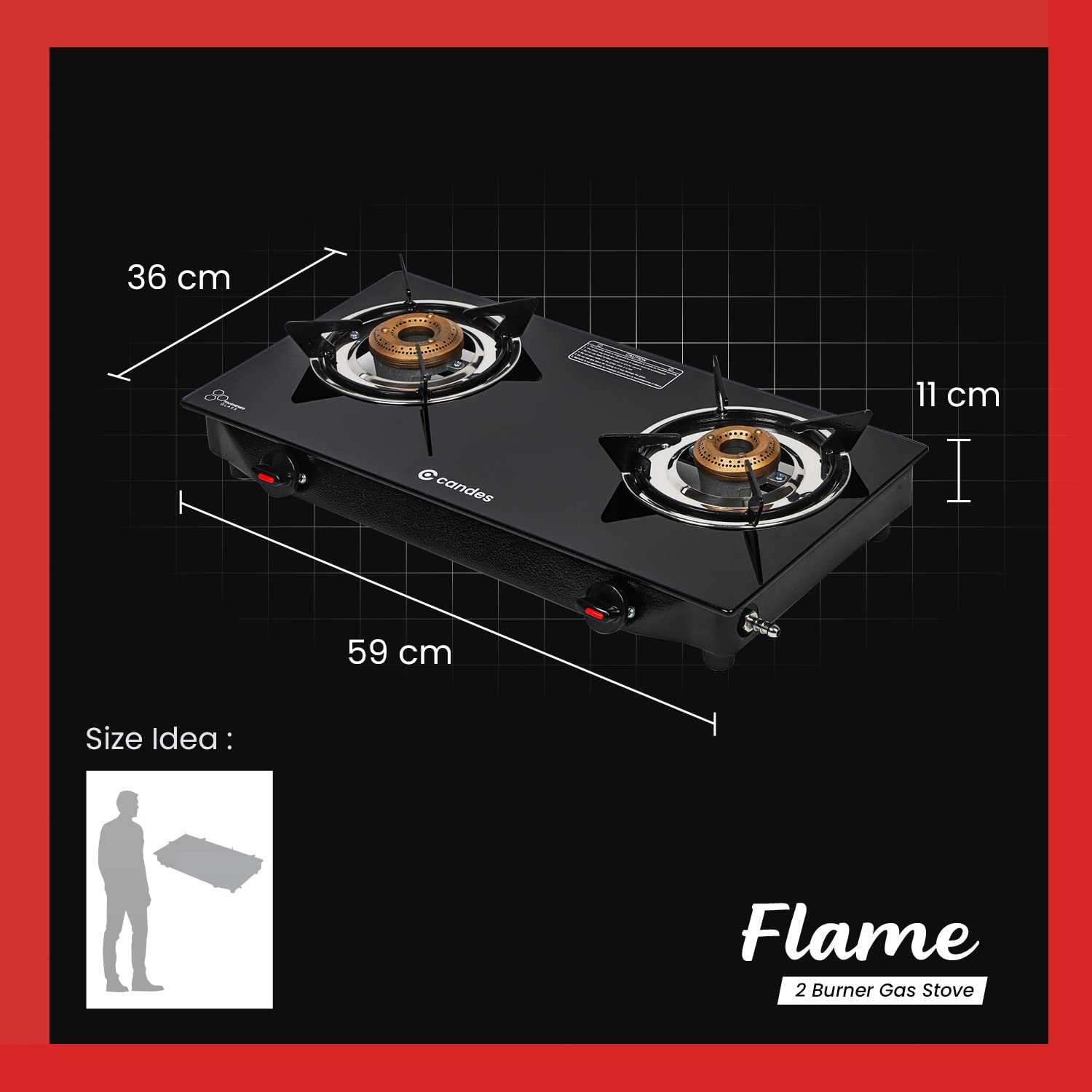 Flame Glass Top Gas Stove 2 Burner, Manual Ignition, Black
