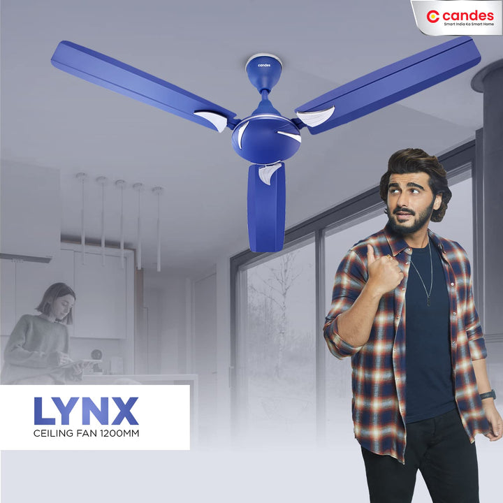 Candes Lynx 1200mm High-Speed Decorative Ceiling Fans for Home | BEE 3 Star Rated 405 RPM Anti-Dust | 2 Years Warranty (Silver Blue) Pack of 1