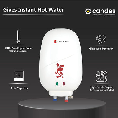 Candes Geyser 1 Litre | 2 Years Warranty | Water Heater For Home, Water Heater, Instant Geyser, Instant Water Heater, Water Geyser, Heater For Water Heating, Electric Geyser, 3000 W - Insta (Ivory)