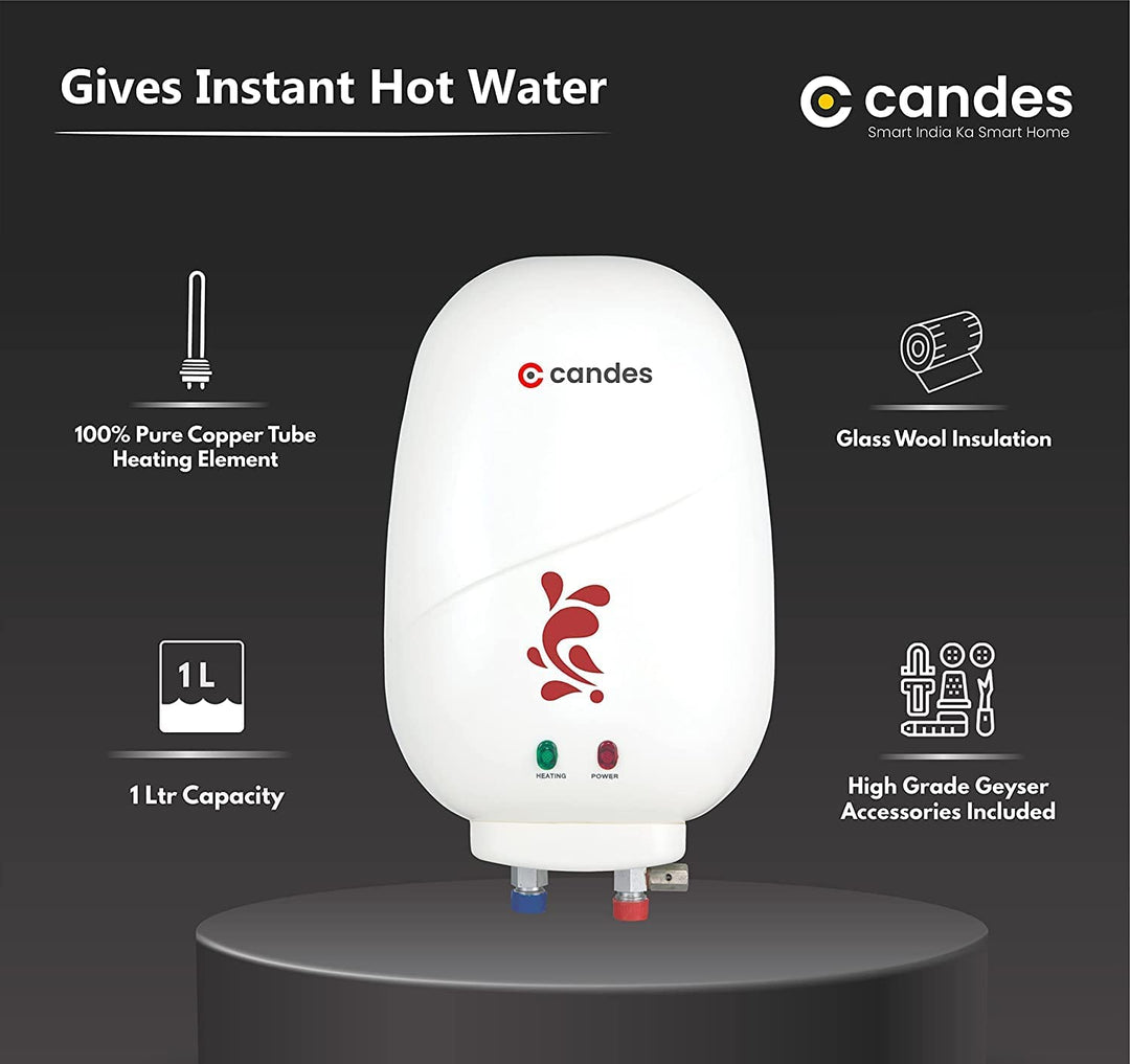 Candes Geyser 1 Litre | 2 Years Warranty | Water Heater For Home, Water Heater, Instant Geyser, Instant Water Heater, Water Geyser, Heater For Water Heating, Electric Geyser, 3000 W - Insta (Ivory)