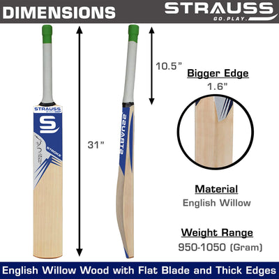 Strauss Cricket Bat English Willow | Premium Leather Ball Bat for Cricket | Ideal for Professional Players, Beginners, and Practice Sessions| Ergonomic Grip Handle | Edition Stroke | Size 5