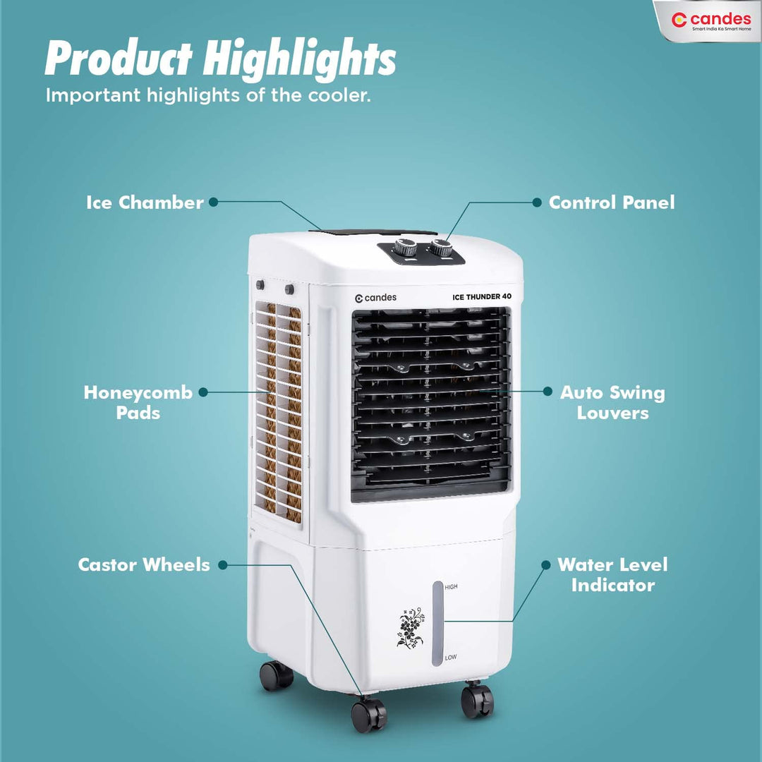 Candes 40ltr Personal Air Cooler | cooler for home | air cooler | cooler |air cooler for home| cooler for room| air cooler for room cooling |with 4 Blade Fan, Ice Chamber, Dust Filter (White, 1 Year Warranty) 2023 Model.