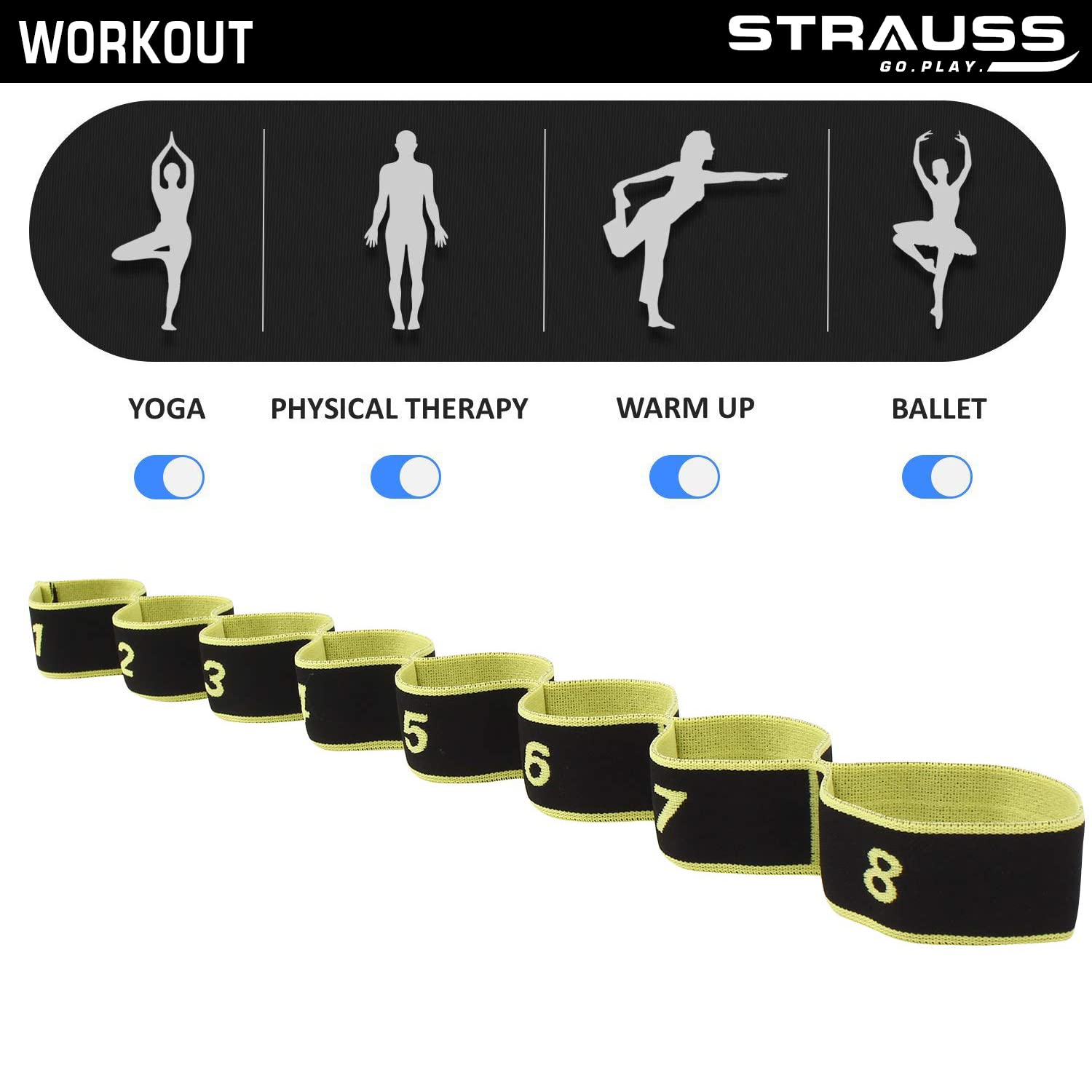 Strauss Multi 8 Loop Yoga Strap & Stretching Belt | Ideal for Yoga, Pilates, Therapy, Dance, Gymnastics, Ballet & Flexibility | Nylon & Cotton Skin Friendly Material