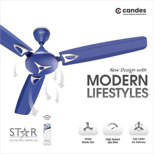 Candes Star 1200mm, 48 Inch | 5 Star Rated Ceiling Fan with Remote (Coffee Brown)