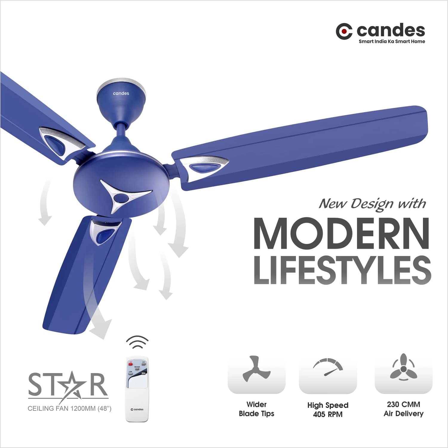 Candes Star 1200mm, 48 Inch | 5 Star Rated Ceiling Fan with Remote (Coffee Brown)