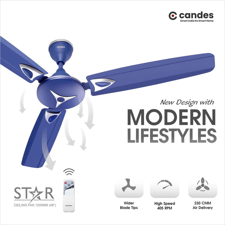 Candes Star 1200mm High-Speed Decorative Remote Ceiling Fans for Home | BEE 3 Star Rated 405 RPM Anti-Dust | 2 Years Warranty (Silver Blue) Pack of 1