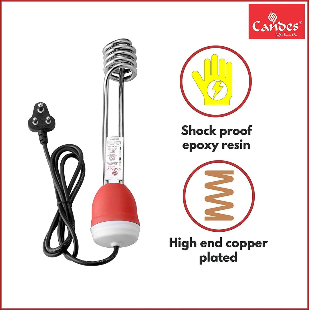 Candes Grand ISI Mark Shock-Proof & Water-Proof 2000W Shock Proof Immersion Heater Rod (Red, White) Pack of 2