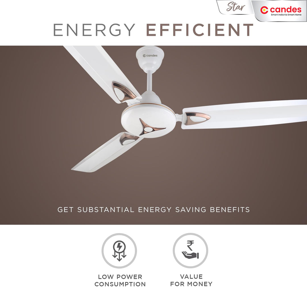 Candes Star 1200mm High-Speed Decorative Ceiling Fans for Home | BEE 3 Star Rated 405 RPM Anti-Dust | 2 Years Warranty (White) Pack of 1