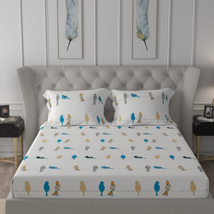 Divine Collection - 144 TC 100%  Cotton Bedsheet with 2 Pillow Covers- Humming Bird Blue