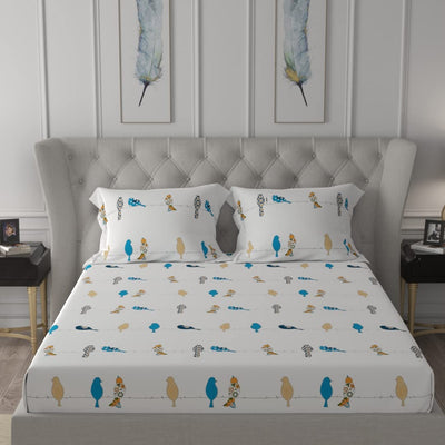 Divine Collection - 144 TC 100%  Cotton Bedsheet with 2 Pillow Covers- Humming Bird Blue