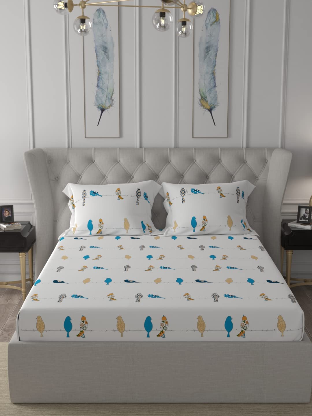 Divine Collection - 144 TC 100%  Cotton Bedsheet with 2 Pillow Covers- Humming Bird Blue