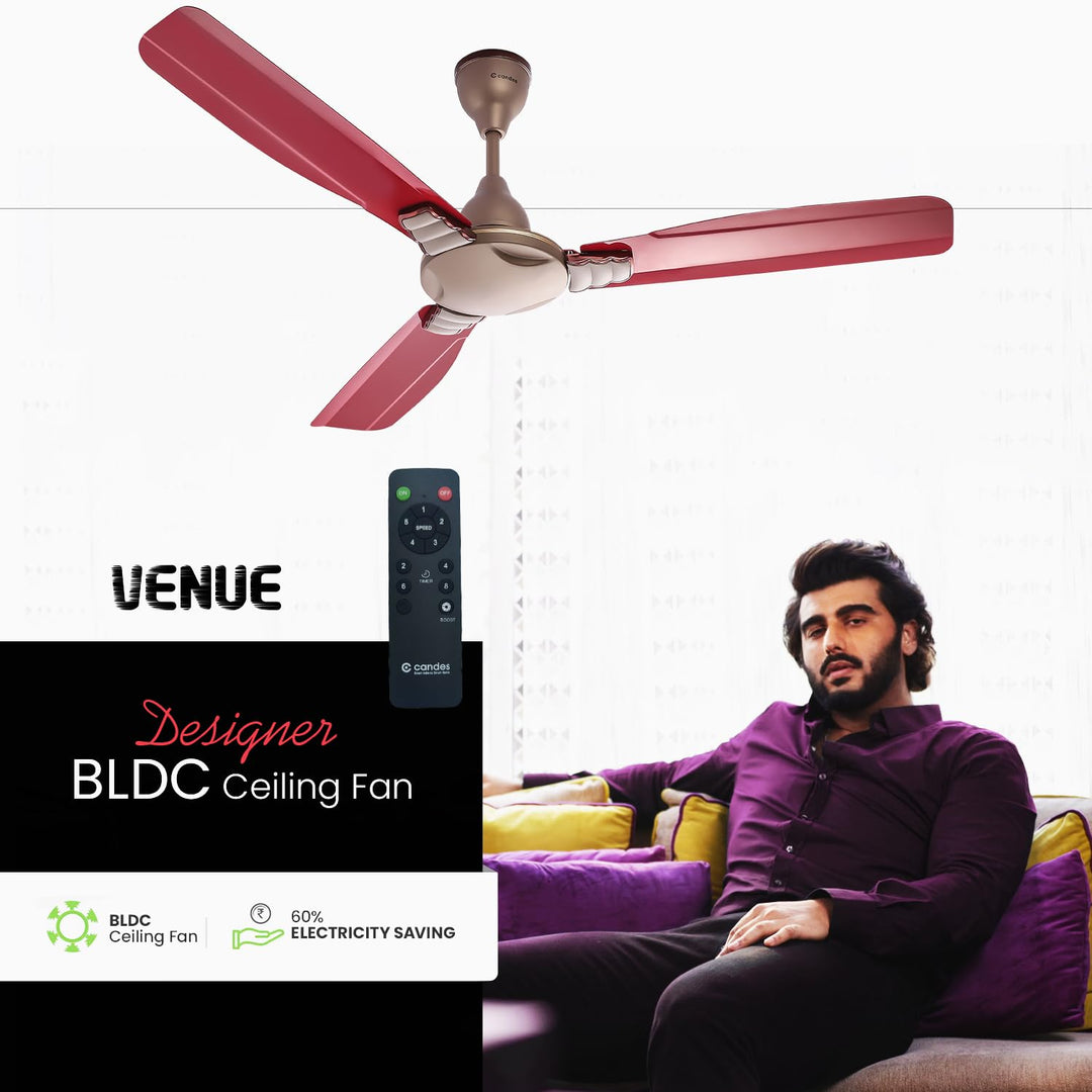 Candes Venue BLDC 1200mm High Speed Decorative Remote Ceiling Fans for Home | BEE 5 Star Rated Anti-Dust | 2 Years Warranty (Golden Red) Pack of 1