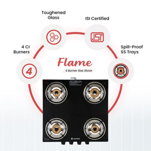 Flame Glass Top Gas Stove 4 Burner, Manual Ignition, Black