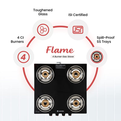 Flame Glass Top Gas Stove 4 Burner, Manual Ignition, Black