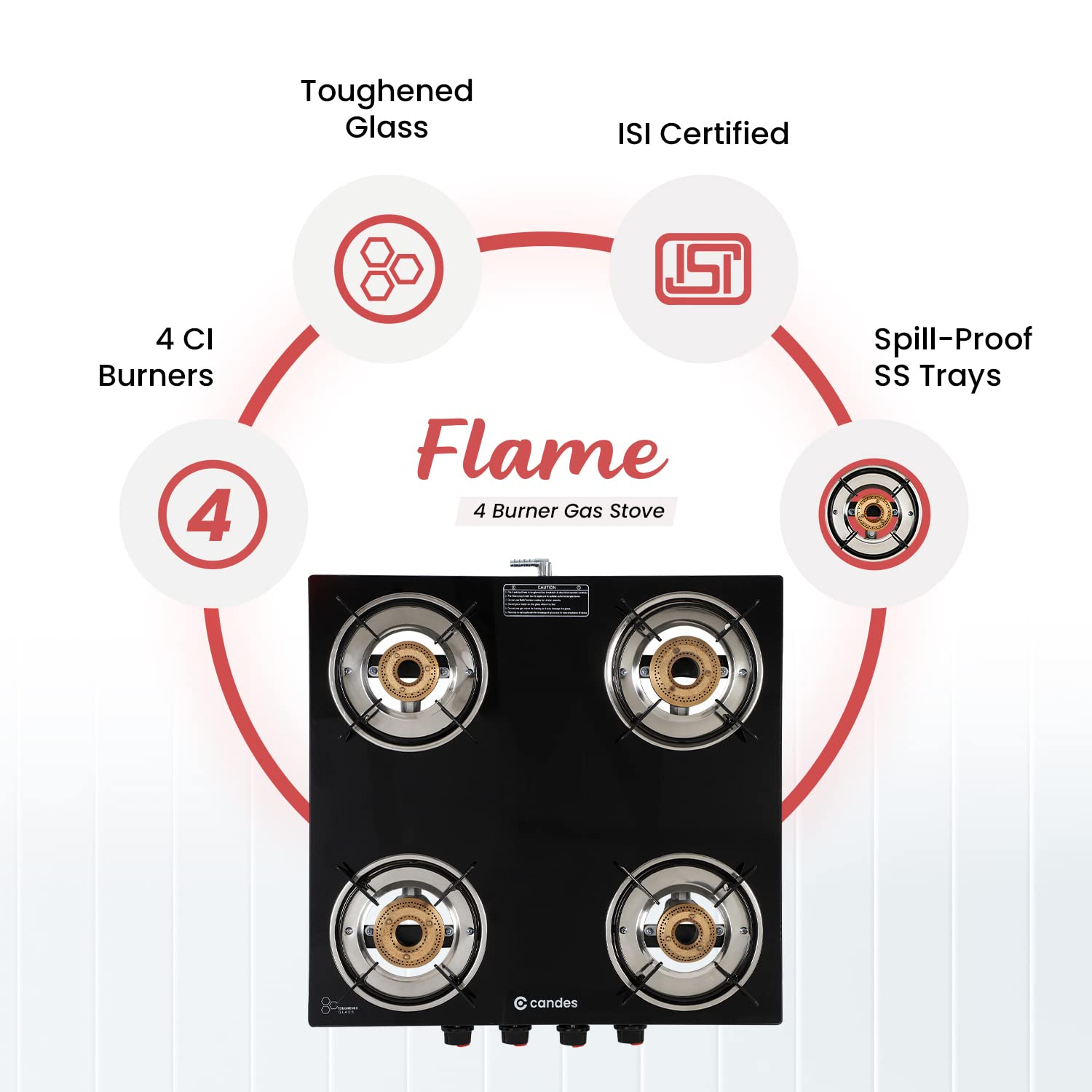 Flame Glass Top Gas Stove 4 Burner, Manual Ignition, Black