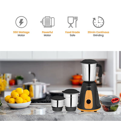 Candes MG154 Maple 550-Watt Mixer Grinder with 3 Jars (Powerful Motor and 2 Year Warranty Orange/Black) + Quick Hand Vegetables & Fruit Chopper Black, Red (Super Combo)