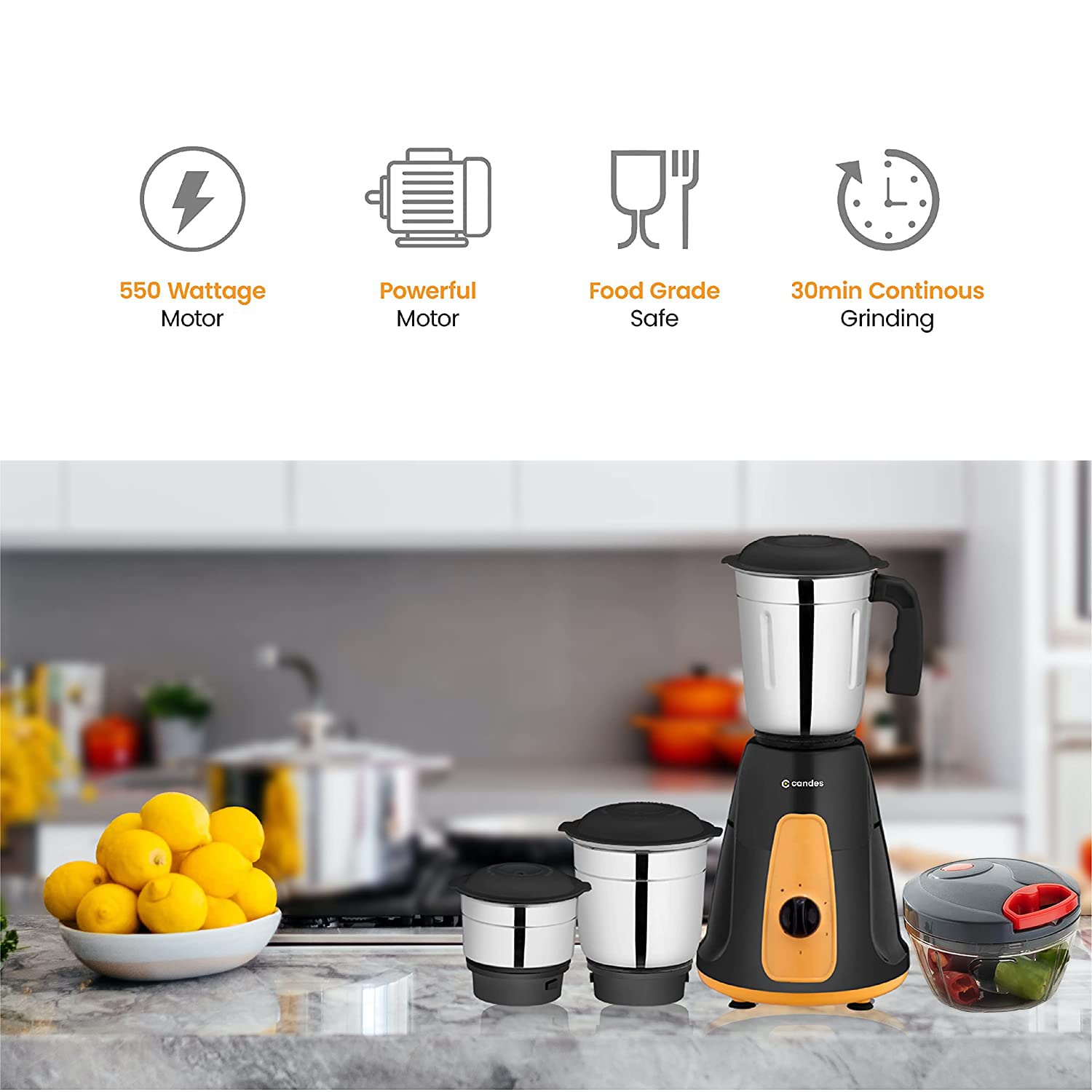 Candes MG154 Maple 550-Watt Mixer Grinder with 3 Jars (Powerful Motor and 2 Year Warranty Orange/Black) + Quick Hand Vegetables & Fruit Chopper Black, Red (Super Combo)