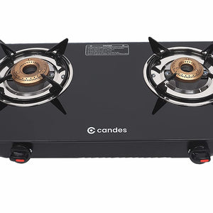 Flame Glass Top Gas Stove 2 Burner, Manual Ignition, Black