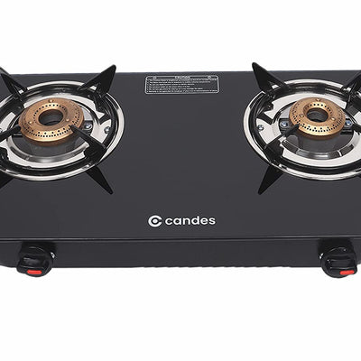 Flame Glass Top Gas Stove 2 Burner, Manual Ignition, Black