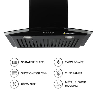 Blaze Kitchen Chimney with Stainless Steel Baffle Filters, Push Button Control, (Black)