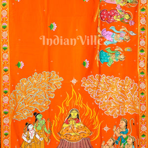 Orange Ramayan Theme Sita Agni Pariksya Pattachitra Saree