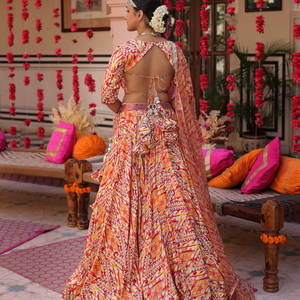 Creamy Crimson Blaze Printed Satin Lehenga Set