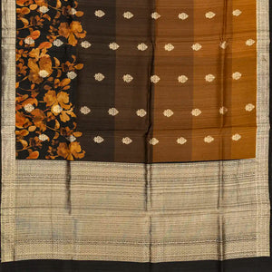 Black & Mustard Handloom Tussar Silk Saree With Floral  Motifs